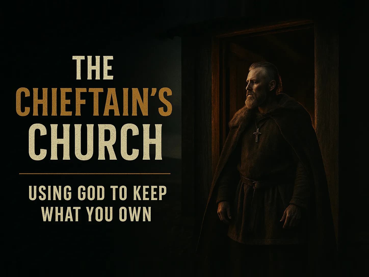 A Norse chieftain in fur in the doorway of a timber stave church on his own farmland at dusk, in the dark cinematic style of the series, with the words "The Chieftain's Church" set across the graphic.
