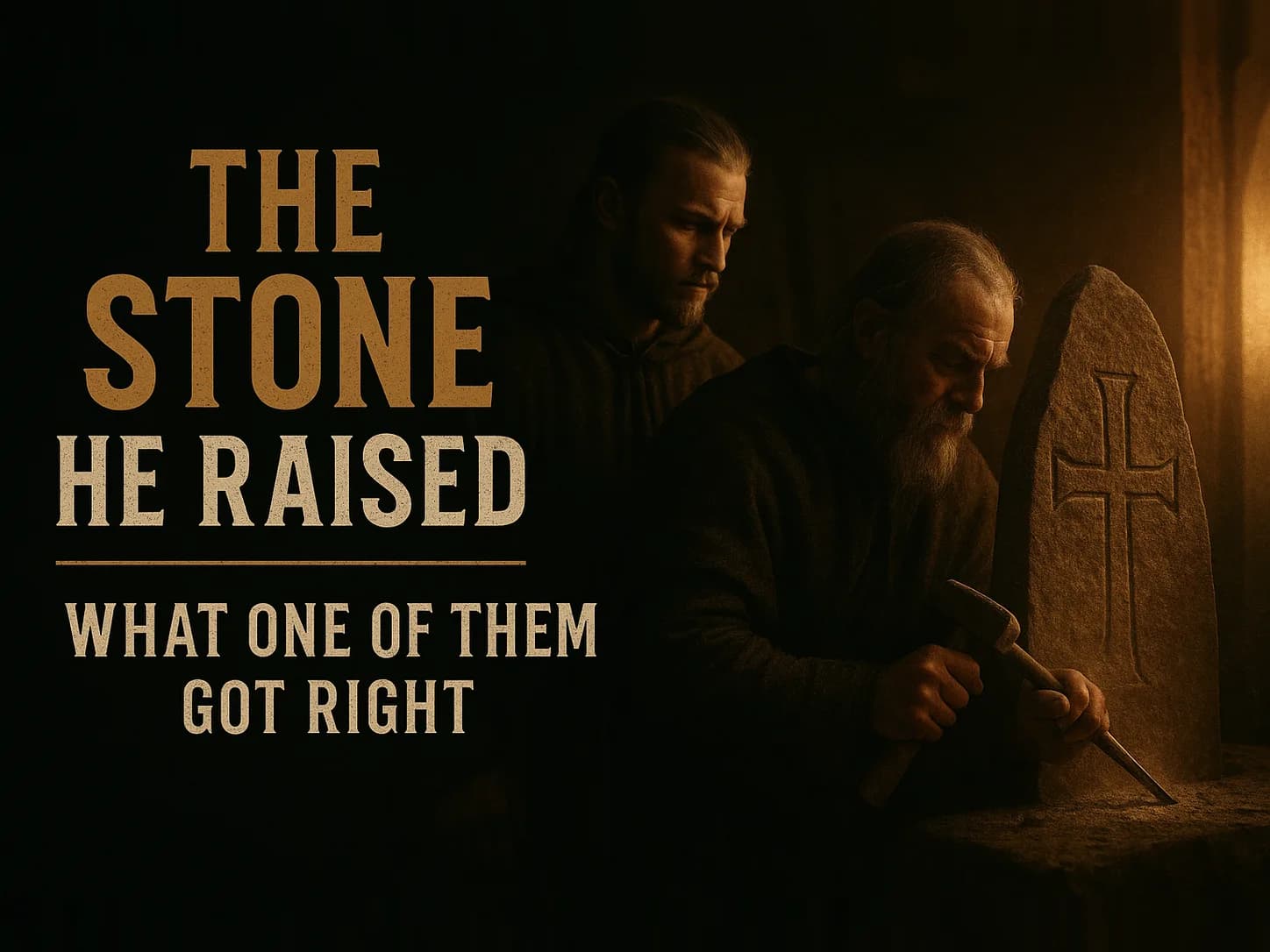 A Norse son watching a carver cut a cross into a tall standing runestone at first light, in the dark cinematic style of the series, with the words "The Stone He Raised" set across the graphic.