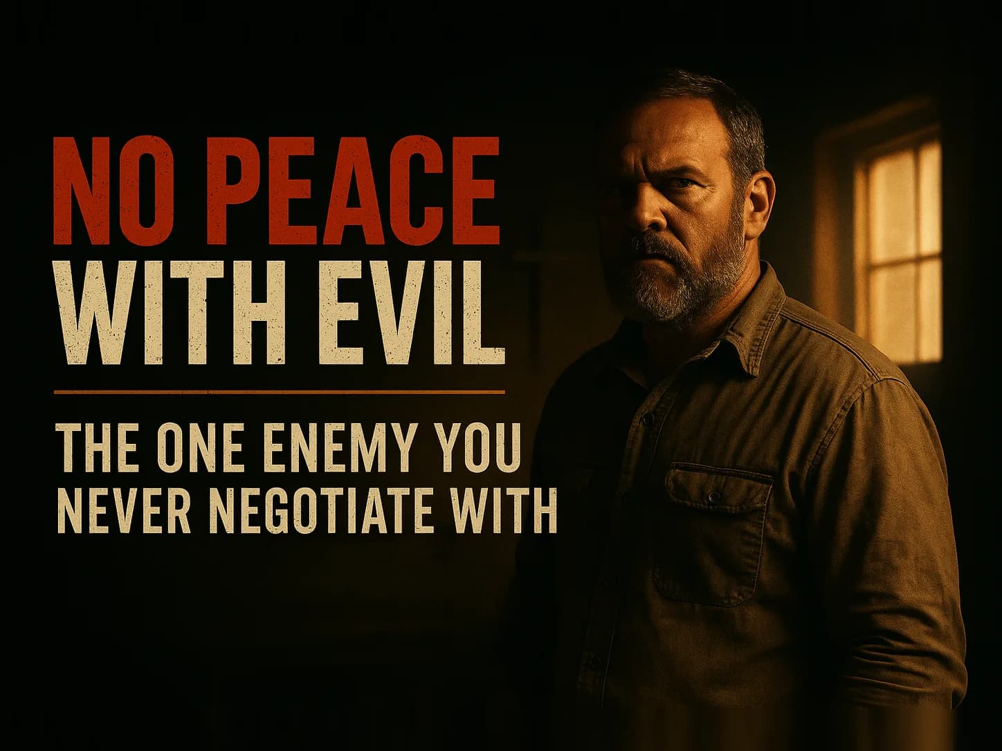 A grim, resolute working man standing squarely in a near-black room, one hard amber light raking one side of his face, deep darkness pressing in from every edge, his jaw set, no fear in him, a man who has stopped negotiating, in the dark cinematic style of the series, with the words "Make No Peace with Evil" set across the graphic.