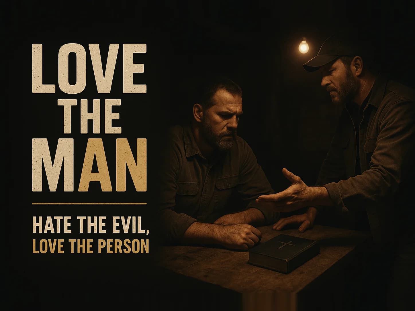 Two ordinary working men in a dim garage lit by one warm bulb, one weary and hard-faced, the other reaching out a steady open hand toward him, tension and mercy in the same frame, in the dark cinematic style of the series, with the words "What Loving Your Enemies Means" set across the graphic.