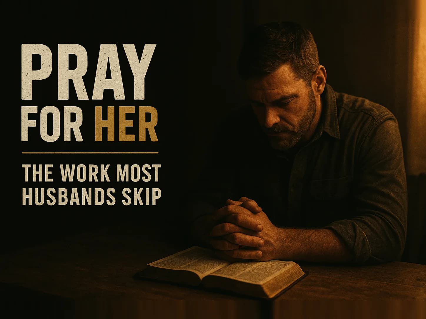 A rugged man alone at a kitchen table late at night, head slightly bowed over folded hands, a wedding band catching one low warm light, a woman's coat draped over a chair in the soft dark background, in the dark cinematic style of the series, with the words "Praying for Your Wife" set across the graphic.