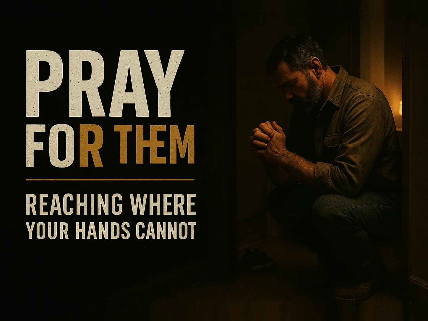 A weathered father kneeling in a dim hallway just outside a child's bedroom door, small shoes lined against the wall, a faint nightlight glow spilling under the door, his rough hands pressed together, in the dark cinematic style of the series, with the words "Praying for Your Kids" set across the graphic.