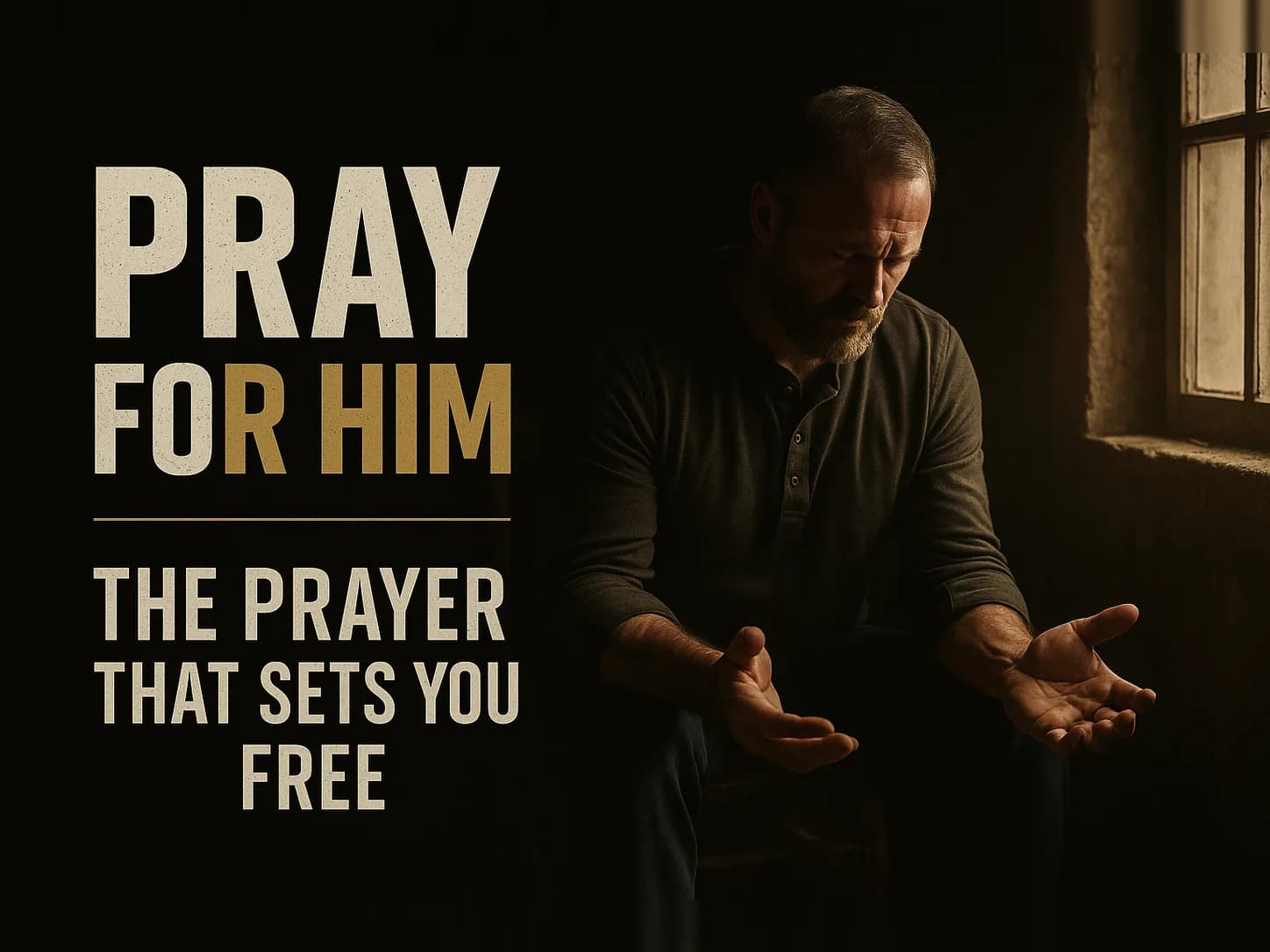 A hard man alone in a dark room, his clenched fists slowly opening into upturned hands under one amber light, the exact moment bitterness is being set down, in the dark cinematic style of the series, with the words "Praying for Your Enemies" set across the graphic.