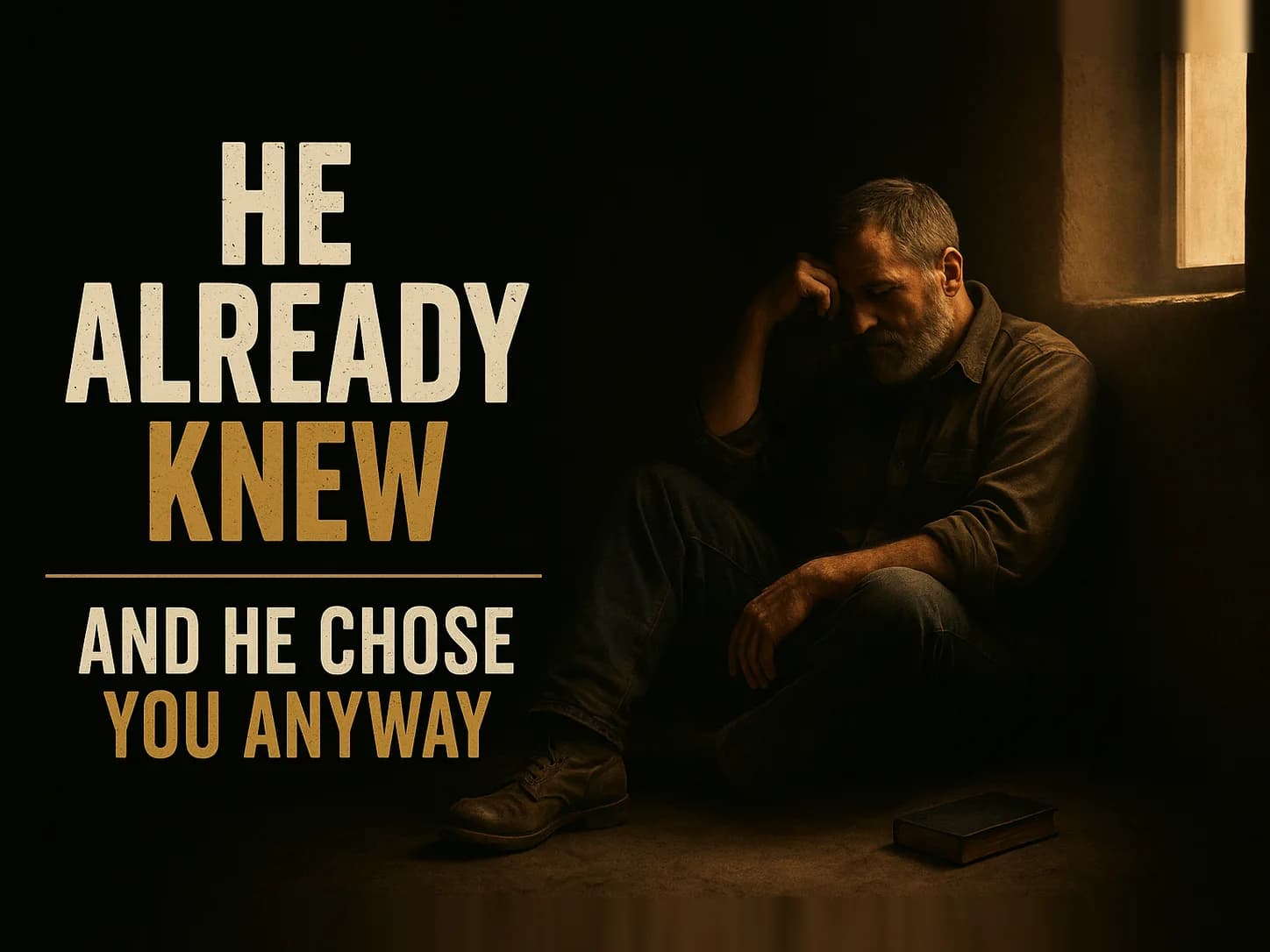 A broken-down man sitting on the floor with his back against a wall in heavy shadow, one warm shaft of light reaching down to him, not accusing, just present with him in the low place, in the dark cinematic style of the series, with the words "God Already Knew You Would Disappoint Him" set across the graphic.