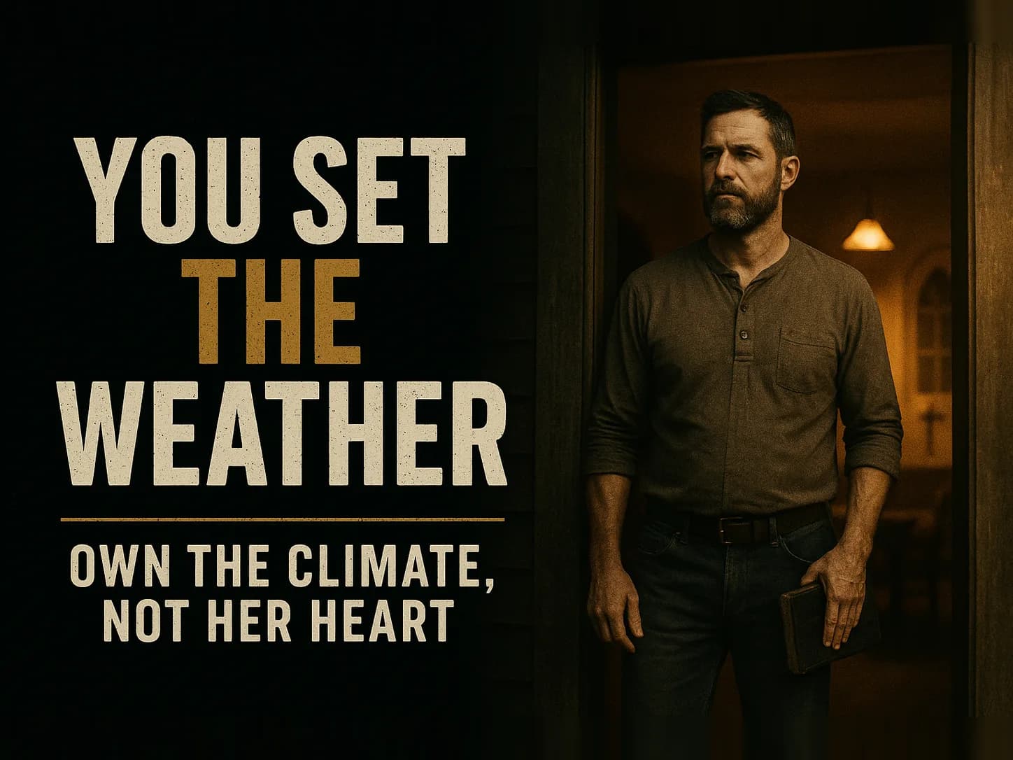 A steady working man standing in the doorway of a warm-lit home at dusk, the glow of the house behind him, his posture calm and responsible, the man who sets the tone of the place, in the dark cinematic style of the series, with the words "Your Wife Is a Reflection of Your Leadership" set across the graphic.