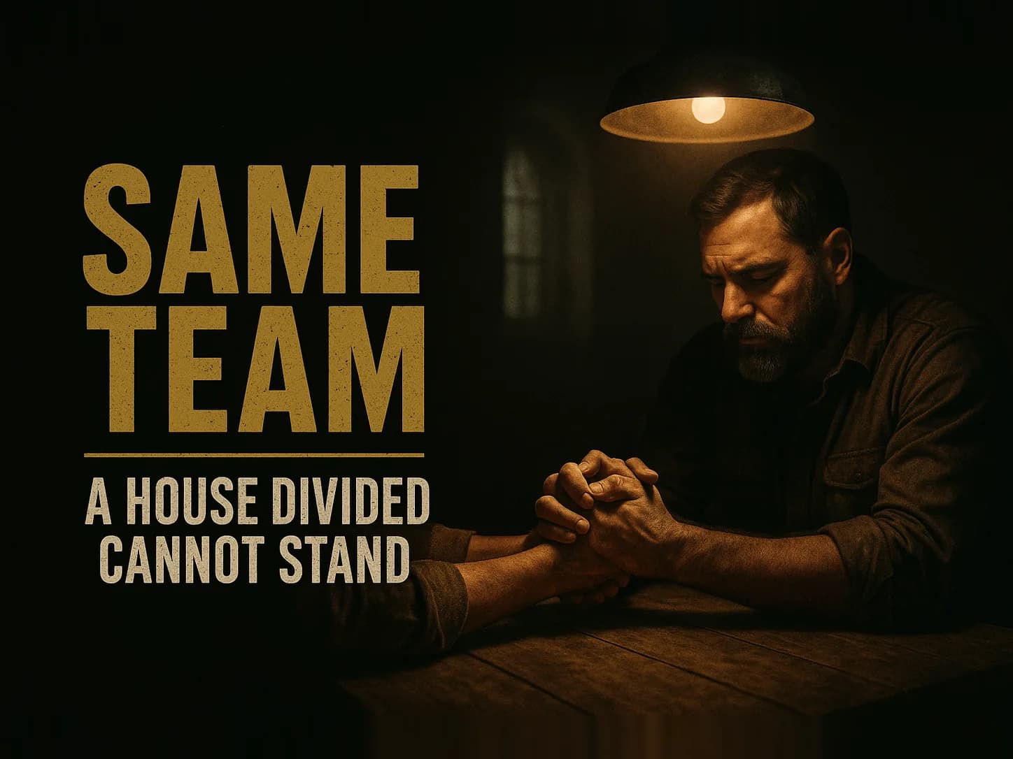 A man and a woman's work-worn hands clasped tightly together over a plain wooden table, one warm light above them, the two of them braced on the same side, facing the same way, in the dark cinematic style of the series, with the words "Marriage Divided Cannot Stand" set across the graphic.