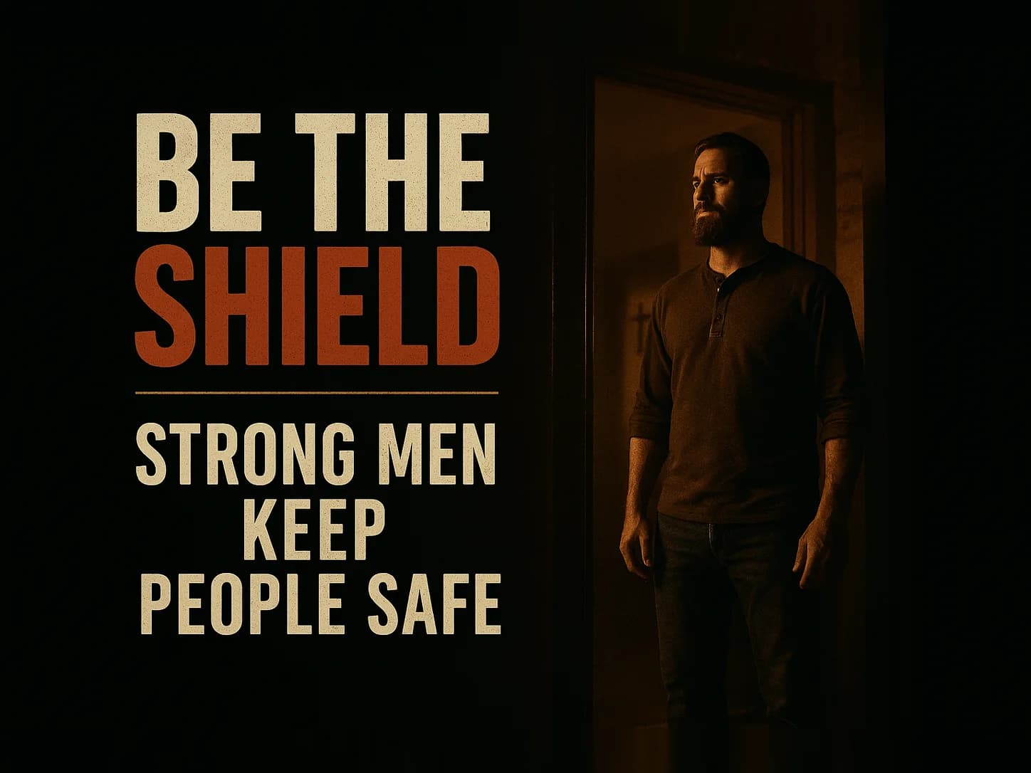 A broad-shouldered man standing in a doorway at night with his back to a warm-lit home behind him, facing out into the dark, watchful and still, a wall between his family and the night, in the dark cinematic style of the series, with the words "Weak Men Feel Safe. Strong Men Keep People Safe. Which One Are You?" set across the graphic.