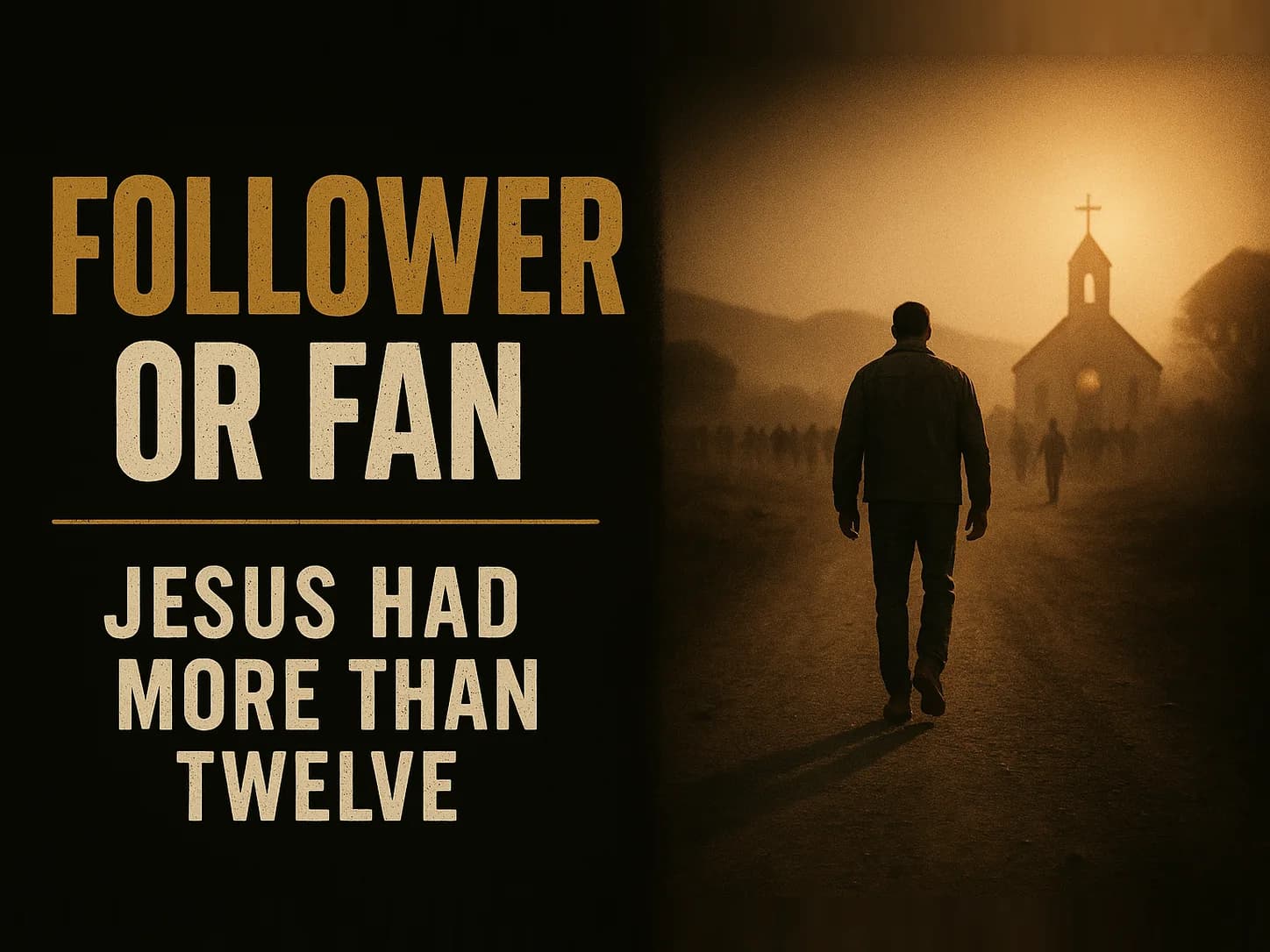 A narrow dusty road at dawn stretching toward distant hills, a single set of worn boots walking it forward, a scattered crowd of figures far behind in the haze already turning back, in the dark cinematic style of the series, with the words "Jesus Had More Than Twelve Disciples" set across the graphic.