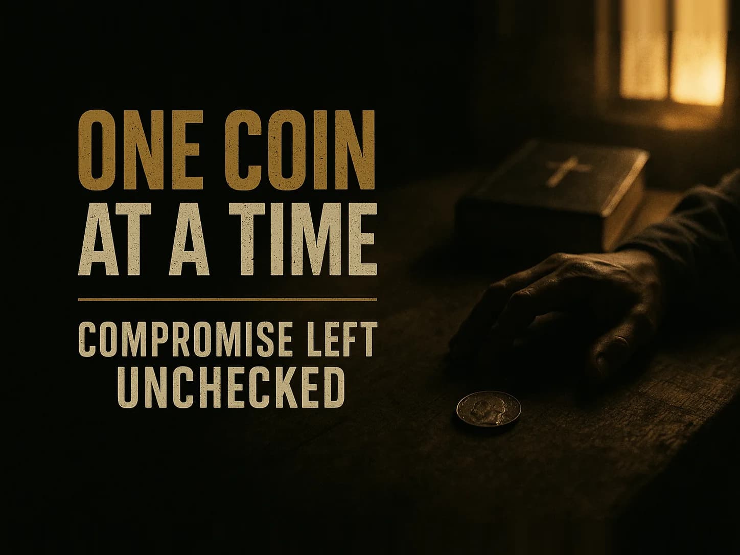A single tarnished silver coin resting on a dark wooden table, a shadowed hand just beginning to reach for it, one low cold-warm light, the quiet private moment where a betrayal really starts, in the dark cinematic style of the series, with the words "Why Judas Betrayed" set across the graphic.