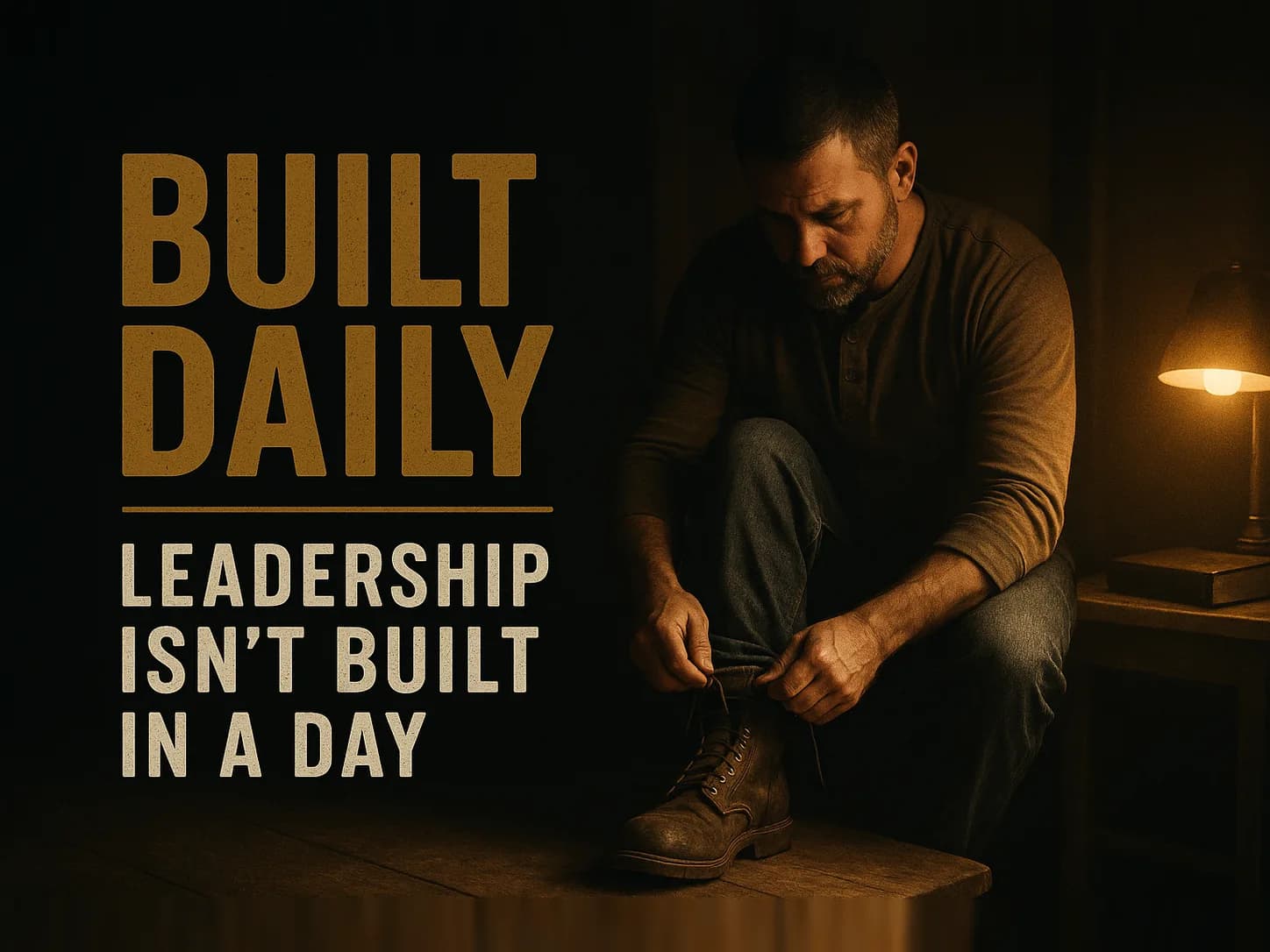 A disciplined working man in the dim before dawn, lacing his boots by one warm lamp, everything around him ordered and quiet, the unglamorous daily work of a serious man, in the dark cinematic style of the series, with the words "Habits of a Godly Leader" set across the graphic.