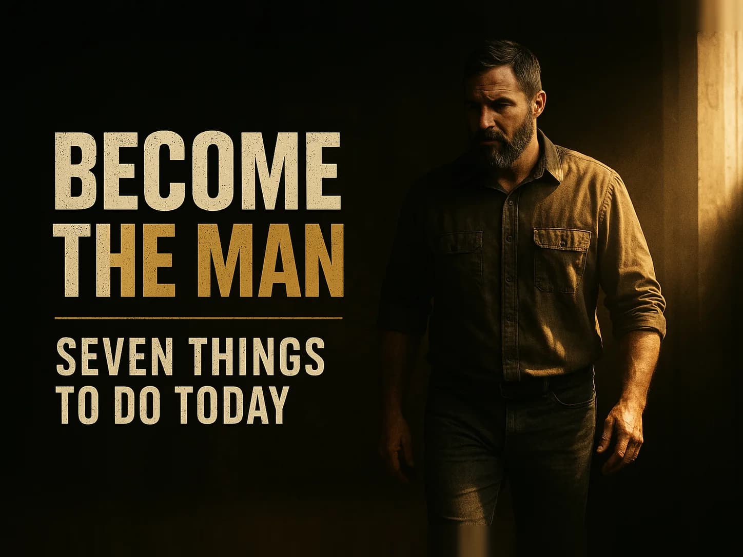 A rugged man stepping out of heavy shadow into a shaft of hard amber light, half in dark and half in light, resolute, a man being forged into someone new, in the dark cinematic style of the series, with the words "Become the Man God Wanted You to Be" set across the graphic.
