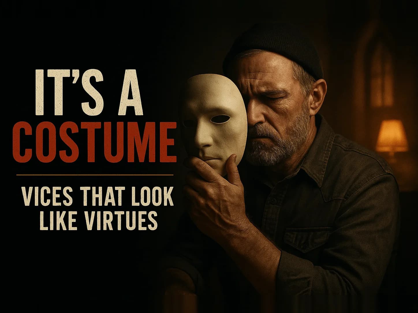 A weathered man in near-black pulling a plain blank mask away from his own face, the true grim face revealed beneath it, one amber light, dramatic chiaroscuro, a hidden thing exposed, in the dark cinematic style of the series, with the words "Vices That Disguise Themselves as Virtues" set across the graphic.