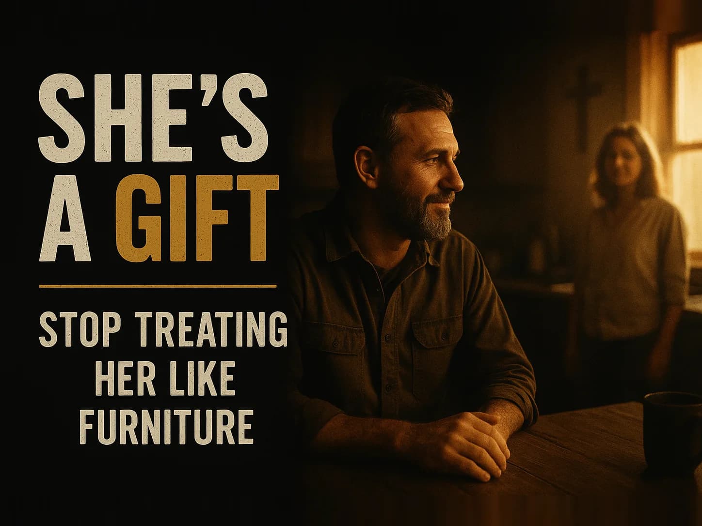 A working man truly seeing his wife again across a warm kitchen, his gaze attentive and grateful, she softly out of focus in the golden light, tenderness and awakening, not boredom, in the dark cinematic style of the series, with the words "Your Wife Is a Gift From God. Start Treating Her Like One." set across the graphic.
