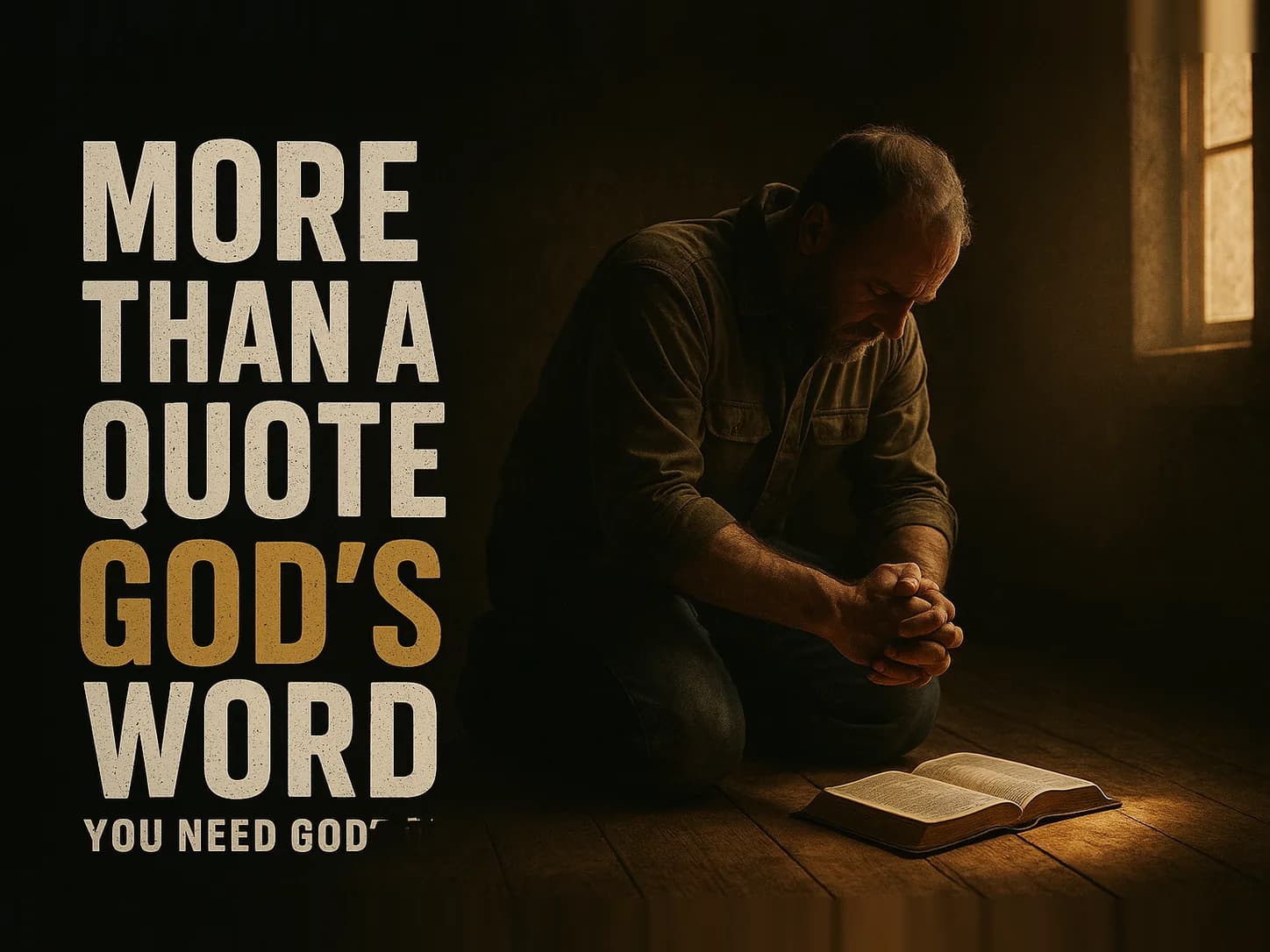 A worn, tired man on his knees in a dark room, an open Bible on the floor before him under one shaft of warm light, strength found in surrender, not in gritting his teeth, in the dark cinematic style of the series, with the words "You Need More Than a Motivational Quote" set across the graphic.