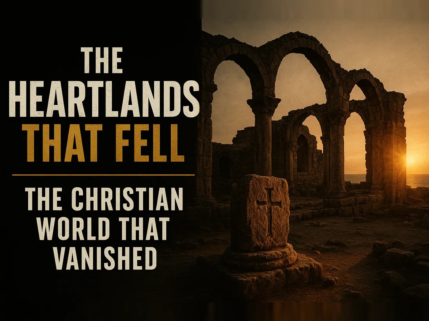 The ruins of an ancient basilica on a Mediterranean coast at dusk, broken stone arches open to the sky, a worn cross carved into a toppled column, empty and silent, one low amber sun raking the stone, in the dark cinematic style of the series, with the words "The Heartlands That Fell" set across the graphic.