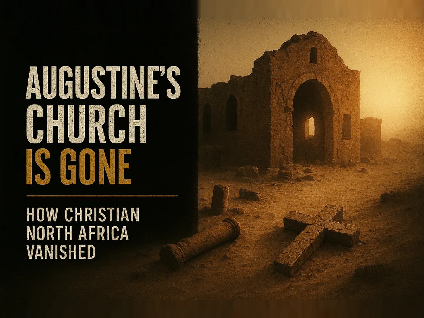 The sun-bleached ruins of a North African church half-swallowed by desert, broken columns in the sand, a cracked stone cross lying half-buried, harsh flat light, total emptiness and heat-haze, in the dark cinematic style of the series, with the words "Augustine's Church Is Gone" set across the graphic.
