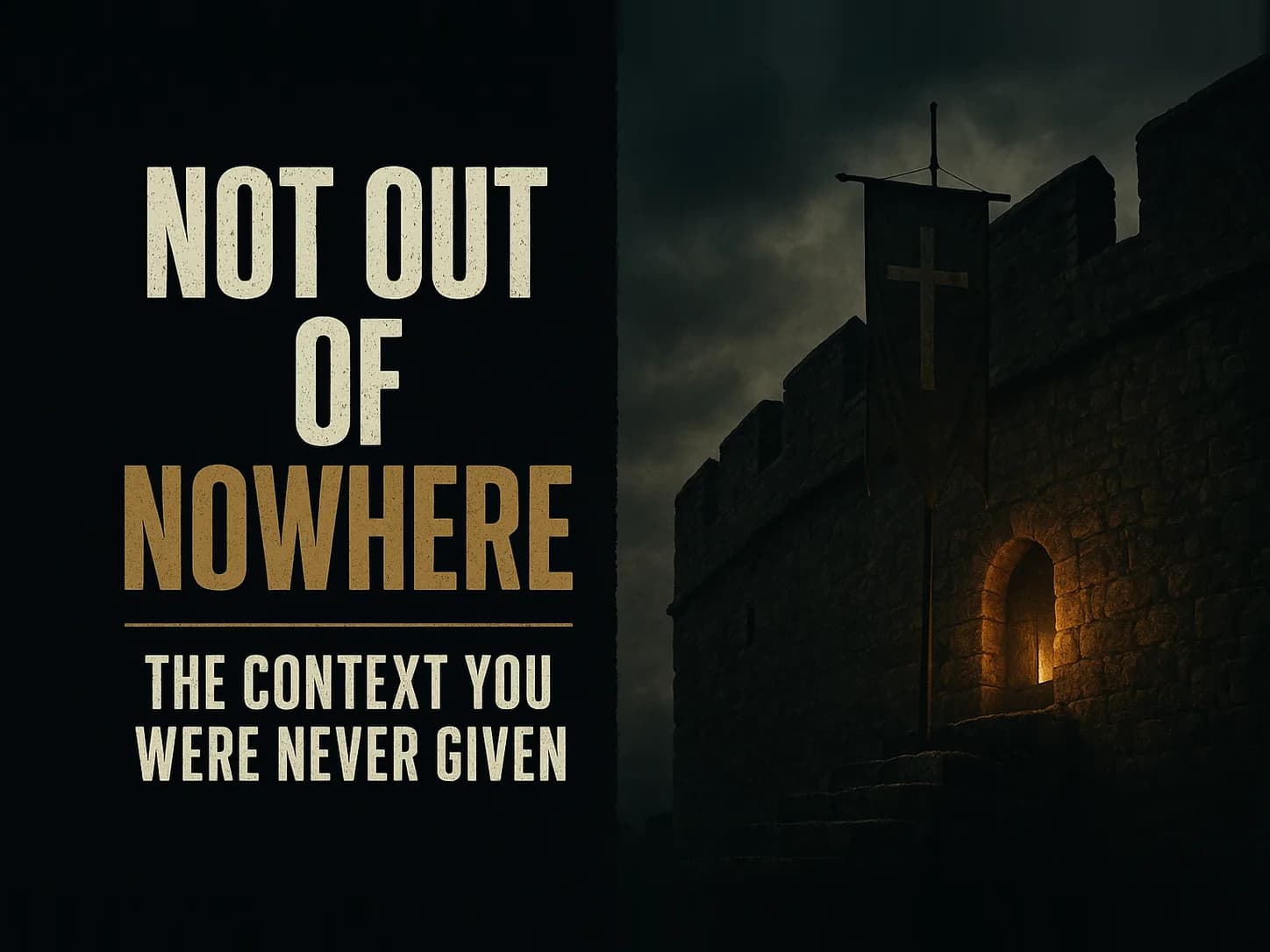 A weathered medieval stone fortress wall standing against a bruised, heavy sky at dusk, a faded cross banner hanging still, the long shadow of centuries across the stone, one cold amber light, in the dark cinematic style of the series, with the words "The Crusades Didn't Come Out of Nowhere" set across the graphic.