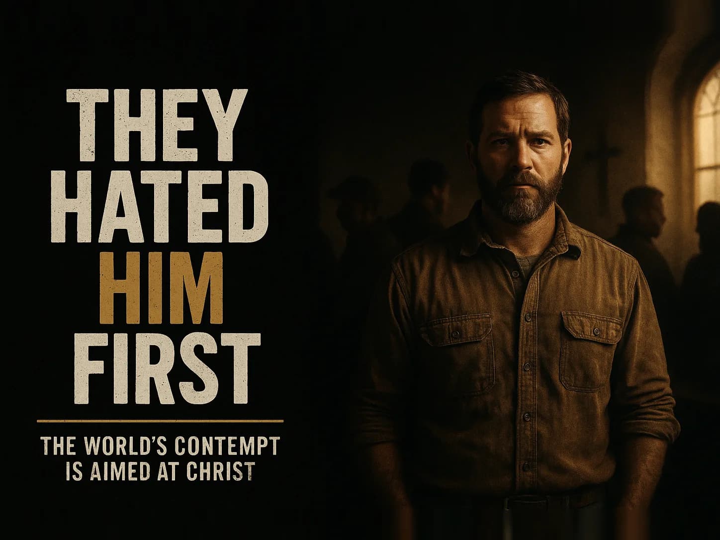 A hard-set working man standing his ground in a dim room, cold stares and turned shoulders around him lost in shadow, one warm amber light on his steady, unshaken face. He is not backing down and he is not bitter, in the dark cinematic style of the series, with the words "They Hate You Because They Hated Him First" set across the graphic.