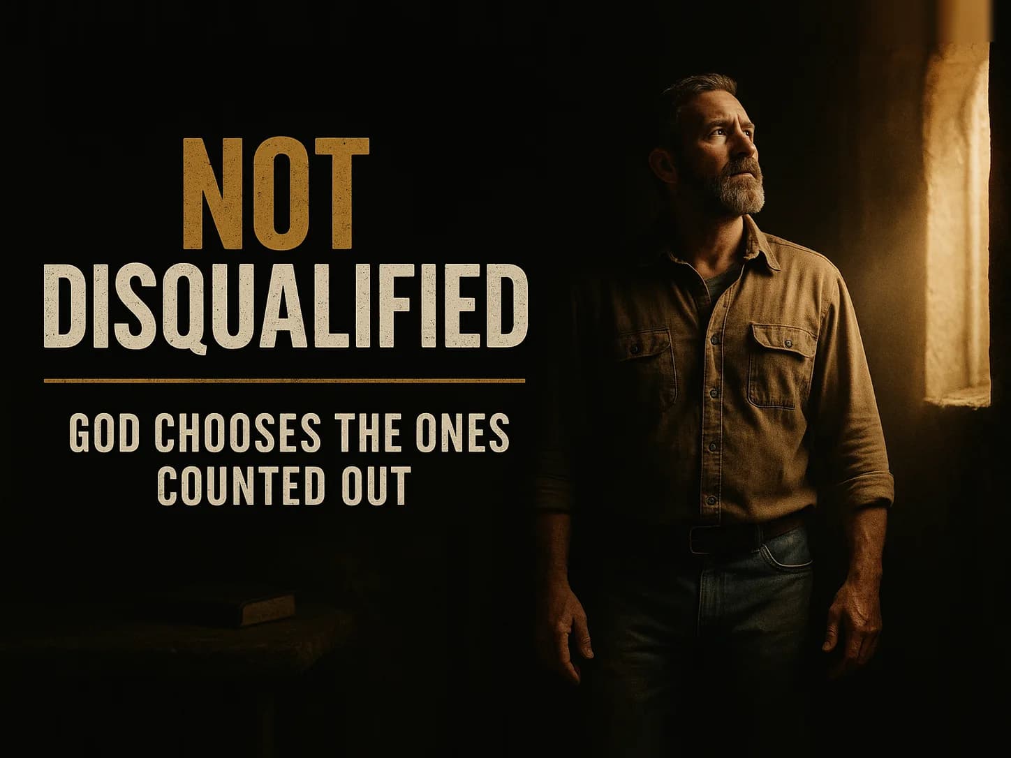 An ordinary, weathered working man stepping out of heavy shadow into a shaft of warm light, his head lifting, the look of a man who thought he was counted out and has just realized he is not, in the dark cinematic style of the series, with the words "You Are Not Disqualified" set across the graphic.