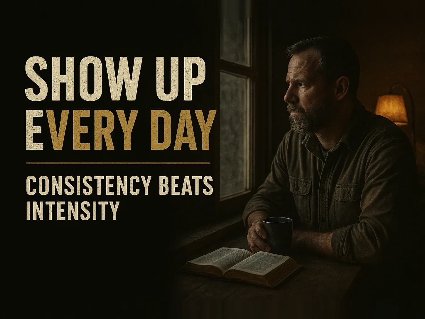 A man at a window in the grey light just before dawn, an open Bible and a cup of coffee on the sill, the quiet daily habit, one warm lamp, faithful and completely unremarkable, in the dark cinematic style of the series, with the words "The Most Overlooked Discipline" set across the graphic.