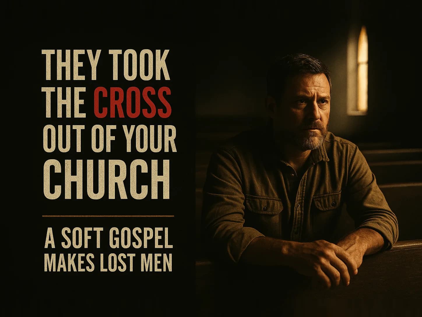 A weathered man sitting alone in an empty church pew carrying a hard reckoning, in the dark cinematic style of the series, with the words "They Took the Cross Out of Your Church" set across the graphic.