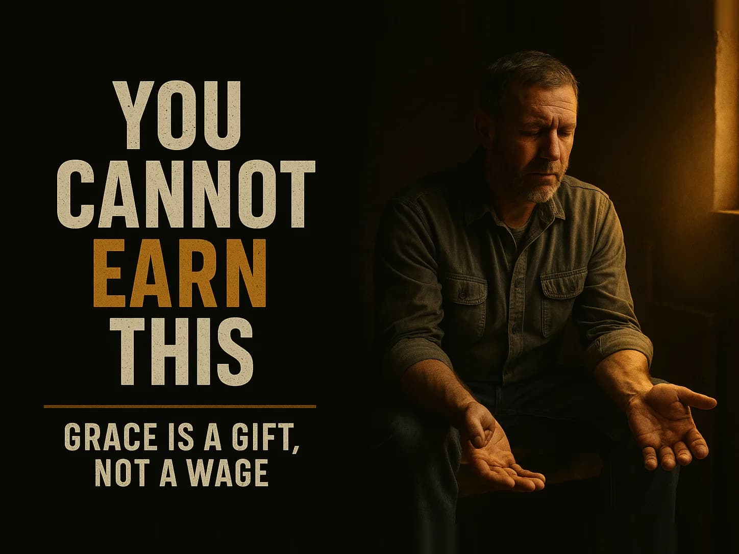 A weathered working man sitting with his hands open and palms up, receiving grace with exhausted relief, in the dark cinematic style of the series, with the words "You Cannot Earn This" set across the graphic.