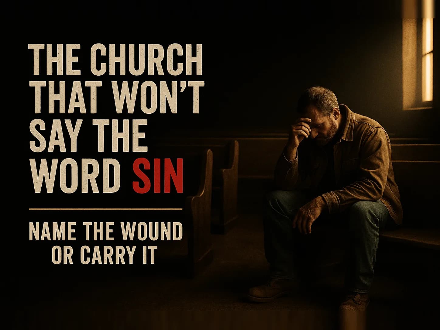 A working man alone in the back row of a dim church sanctuary after everyone has left, elbows on his knees, head lowered, one hand pressed to his forehead, in the dark cinematic style of the series, with the words "The Church That Won't Say the Word Sin" set across the graphic.