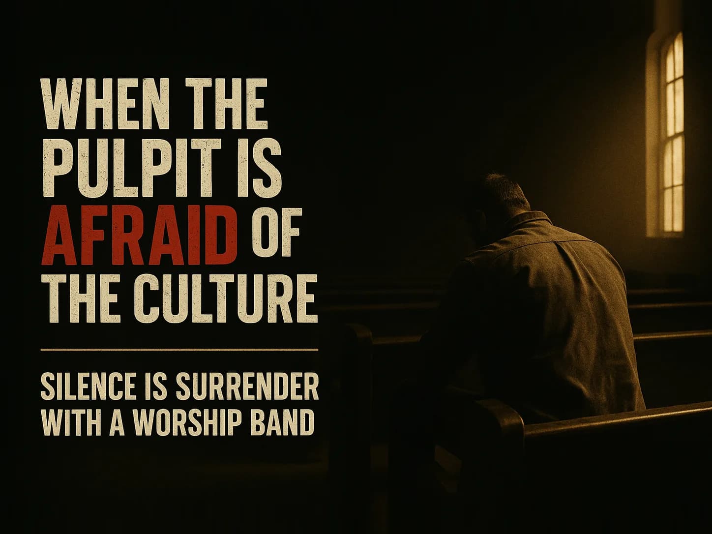 A lone working man sits in a near-empty church sanctuary at dusk, seen from behind and slightly to the side, in the dark cinematic style of the series, with the words "When the Pulpit Is Afraid of the Culture" set across the graphic.