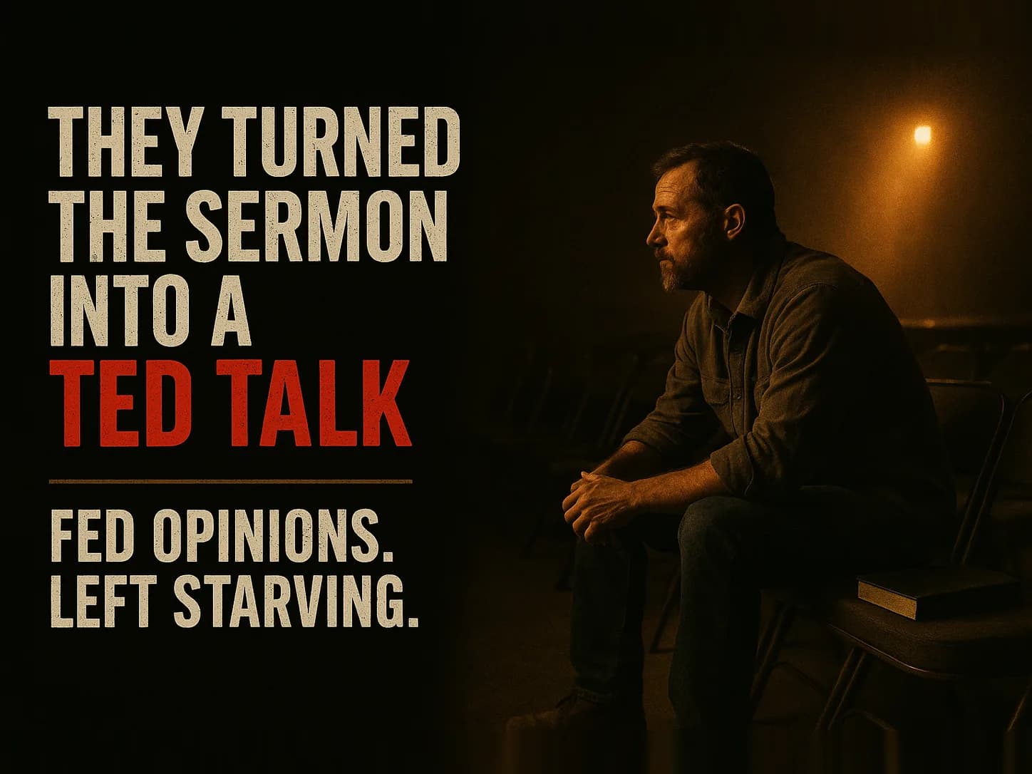 A working man in his forties sits alone in the back row of a dark auditorium after a service, elbows on his knees, an unopened Bible resting on the empty seat beside him, in the dark cinematic style of the series, with the words "They Turned the Sermon Into a TED Talk" set across the graphic.