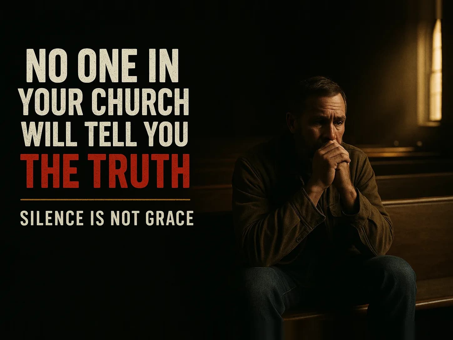 A single ordinary working man sits alone in the back row of a dim, emptying church sanctuary after a service, in the dark cinematic style of the series, with the words "No One in Your Church Will Tell You the Truth" set across the graphic.