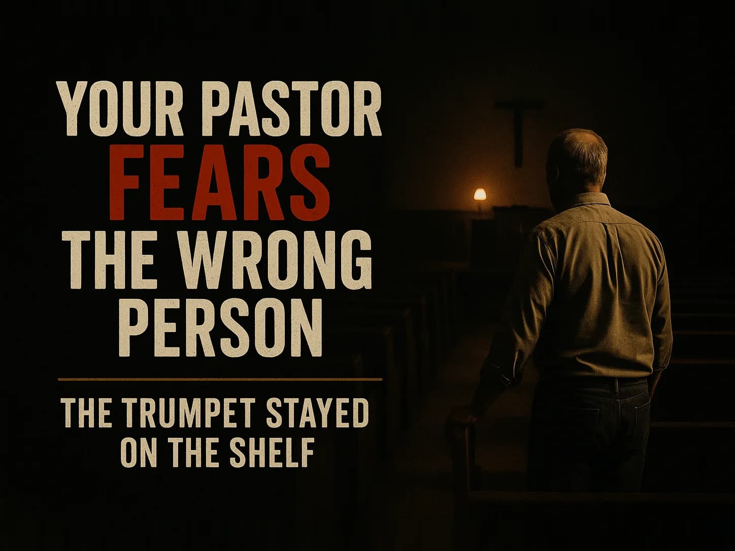 A lone older man in a plain button shirt stands at the back of an empty church sanctuary at night, seen from behind and slightly to the side, in the dark cinematic style of the series, with the words "Your Pastor Fears the Wrong Person" set across the graphic.