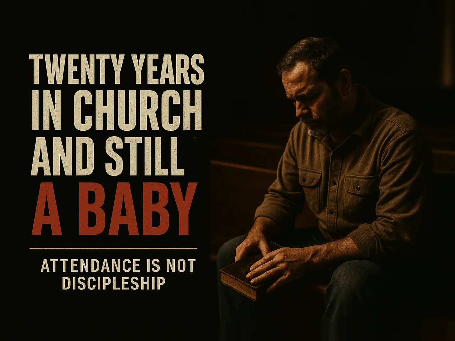 A weathered working man in his forties sits alone in an empty church pew after the service has cleared out, a worn leather Bible closed and unopened on his lap, both of his rough calloused hands resting on the cover but not turning a page, in the dark cinematic style of the series, with the words "Twenty Years in Church and Still a Baby" set across the graphic.