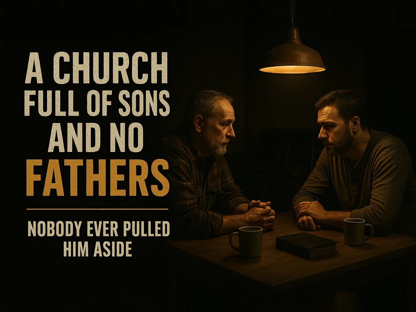A cinematic, photographic scene in a dim, ordinary church fellowship room after hours, in the dark cinematic style of the series, with the words "A Church Full of Sons and No Fathers" set across the graphic.
