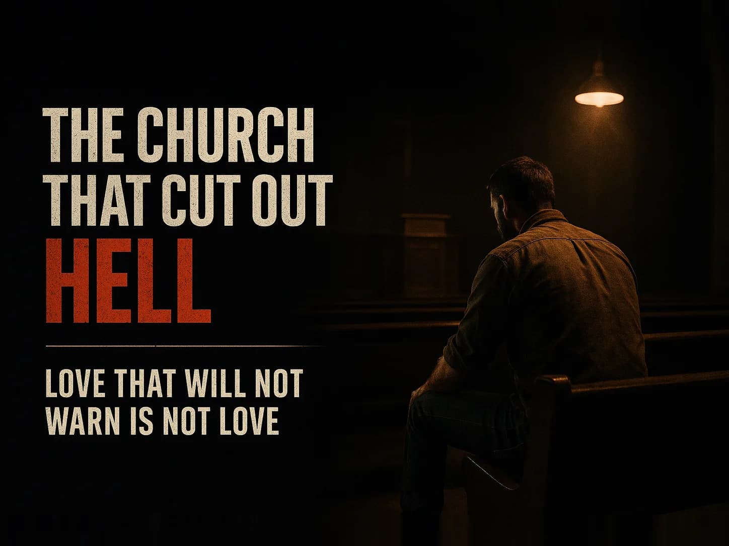 A lone working man in a dark, near-empty church at night, seen from behind, sitting alone in a wooden pew, in the dark cinematic style of the series, with the words "The Church That Cut Out Hell" set across the graphic.