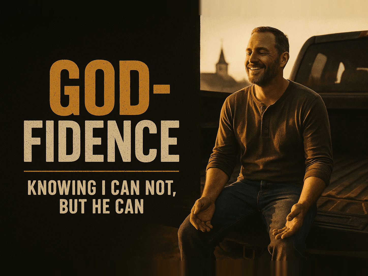 A man in a henley leans back on his open truck tailgate in warm golden morning light, smiling with relief, hands open. The words read God-Fidence, knowing I can not but He can.