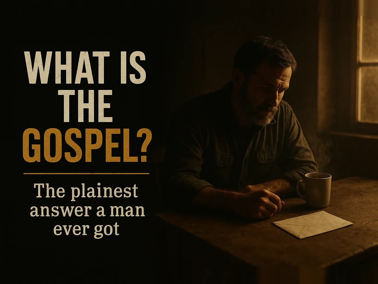 An unopened letter on a worn kitchen table in the gray light before dawn, a chair pushed back, steam rising off a coffee cup, in the dark cinematic style of the series, with the words "What Is the Gospel? The Plainest Answer a Man Ever Got" set across the graphic.