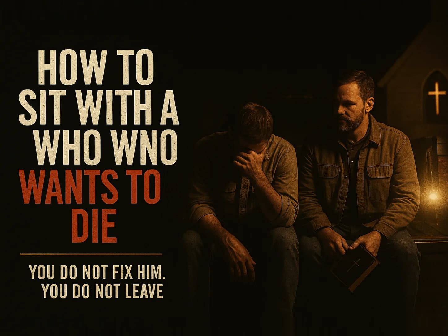 Two men sitting on the open tailgate of a truck in the dark, one with his head down and shoulders low, the other beside him simply present, one small light, in the dark cinematic style of the series, with the words "How to Sit With a Man Who Wants to Die" set across the graphic.