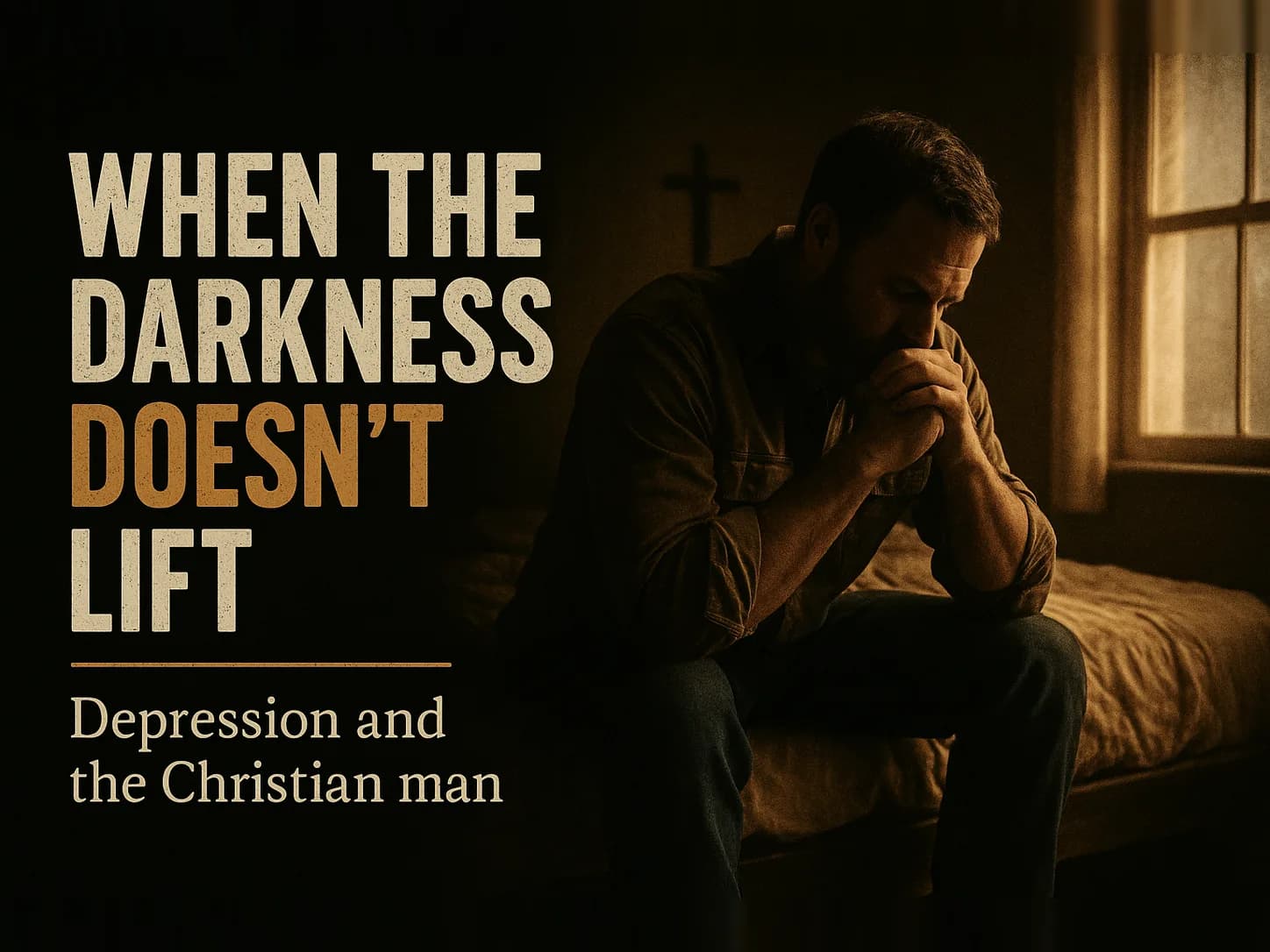 A man sitting on the edge of an unmade bed at first gray light, elbows on his knees, head heavy, a cold window behind him, in the dark cinematic style of the series, with the words "When the Darkness Doesn't Lift: Depression and the Christian Man" set across the graphic.