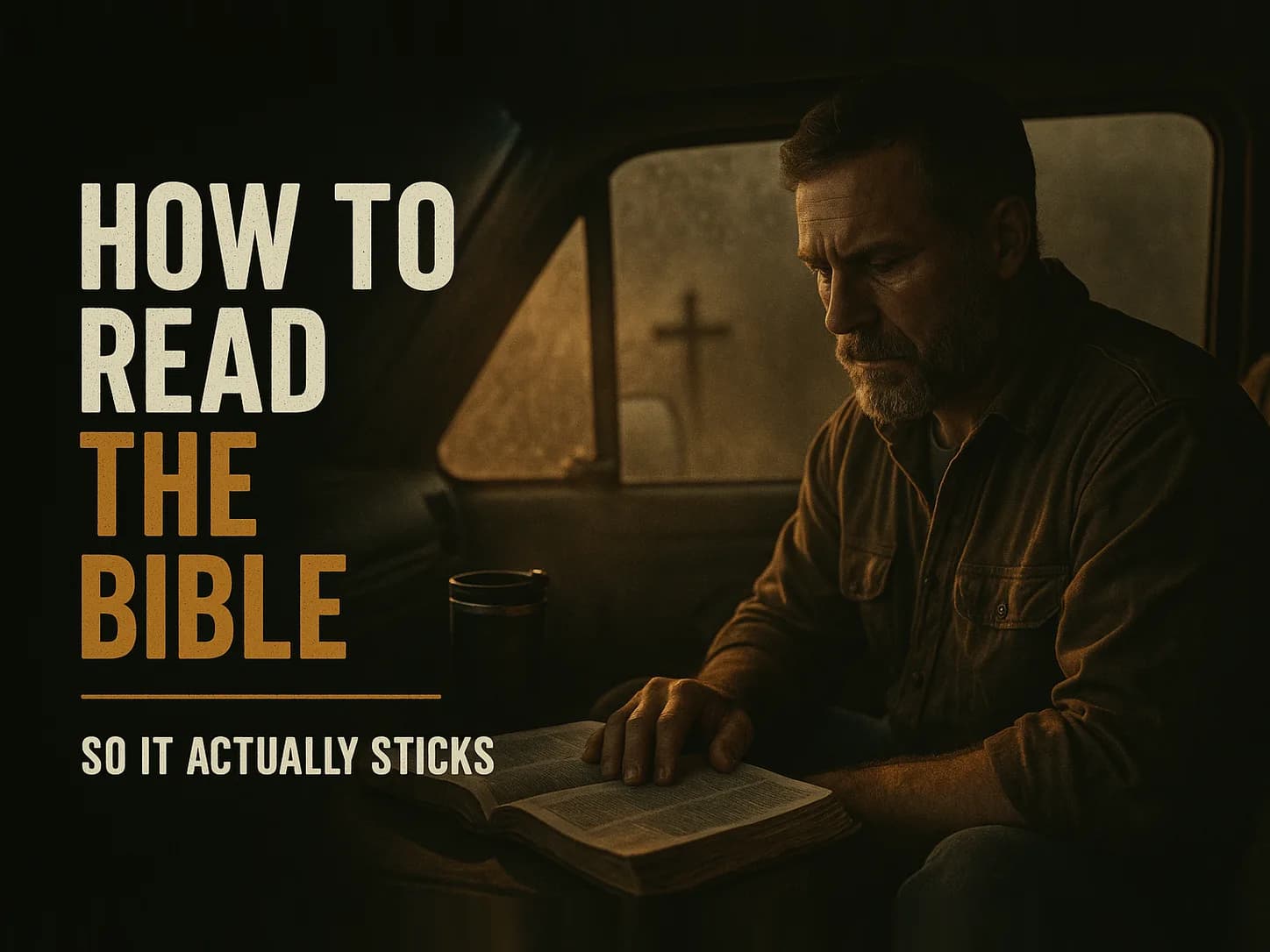 A worn Bible open on a truck dashboard at dawn, a travel mug of coffee beside it, faint breath fog on the windshield, in the dark cinematic style of the series, with the words "How to Read the Bible So It Actually Sticks" set across the graphic.