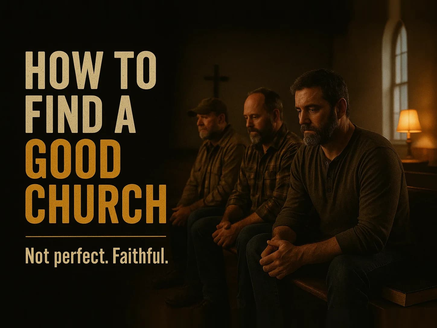 An empty small-town sanctuary at dusk, one lamp lit near the front, dust hanging in the light, worn wooden pews, in the dark cinematic style of the series, with the words "How to Find a Good Church" set across the graphic.