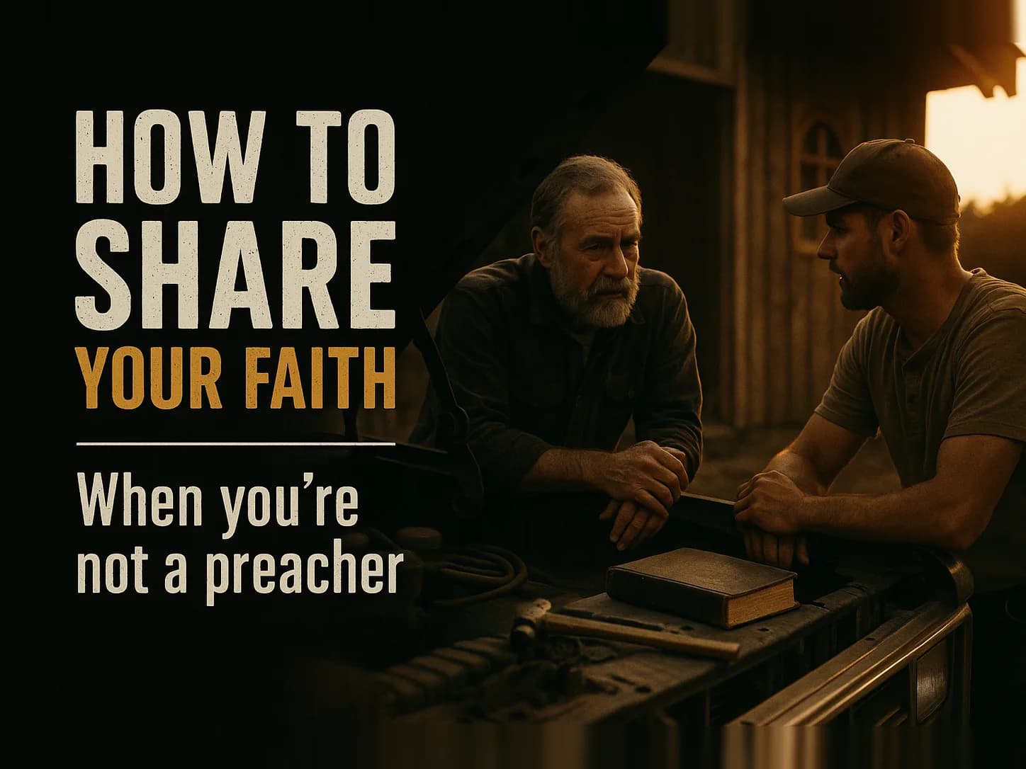 Two working men talking across the open hood of a truck at a job site, tools out, warm afternoon light, in the dark cinematic style of the series, with the words "How to Share Your Faith When You're Not a Preacher" set across the graphic.