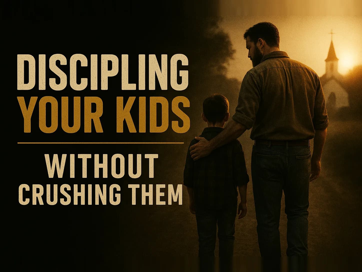 A father and his young son walking a gravel road at golden hour, seen from behind, the father's hand on the boy's shoulder, in the dark cinematic style of the series, with the words "Discipling Your Kids Without Crushing Them" set across the graphic.