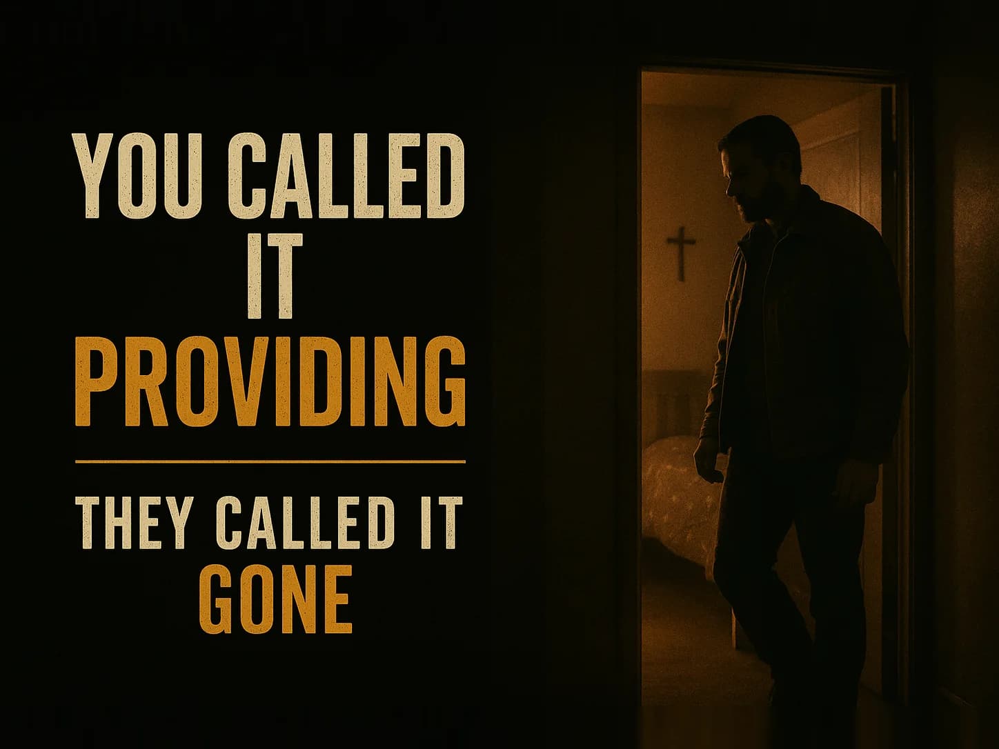 A dark hallway at night with a child's bedroom door left ajar and a nightlight inside, a man in a work jacket passing the doorway without stopping. The words read You Called It Providing, they called it gone.