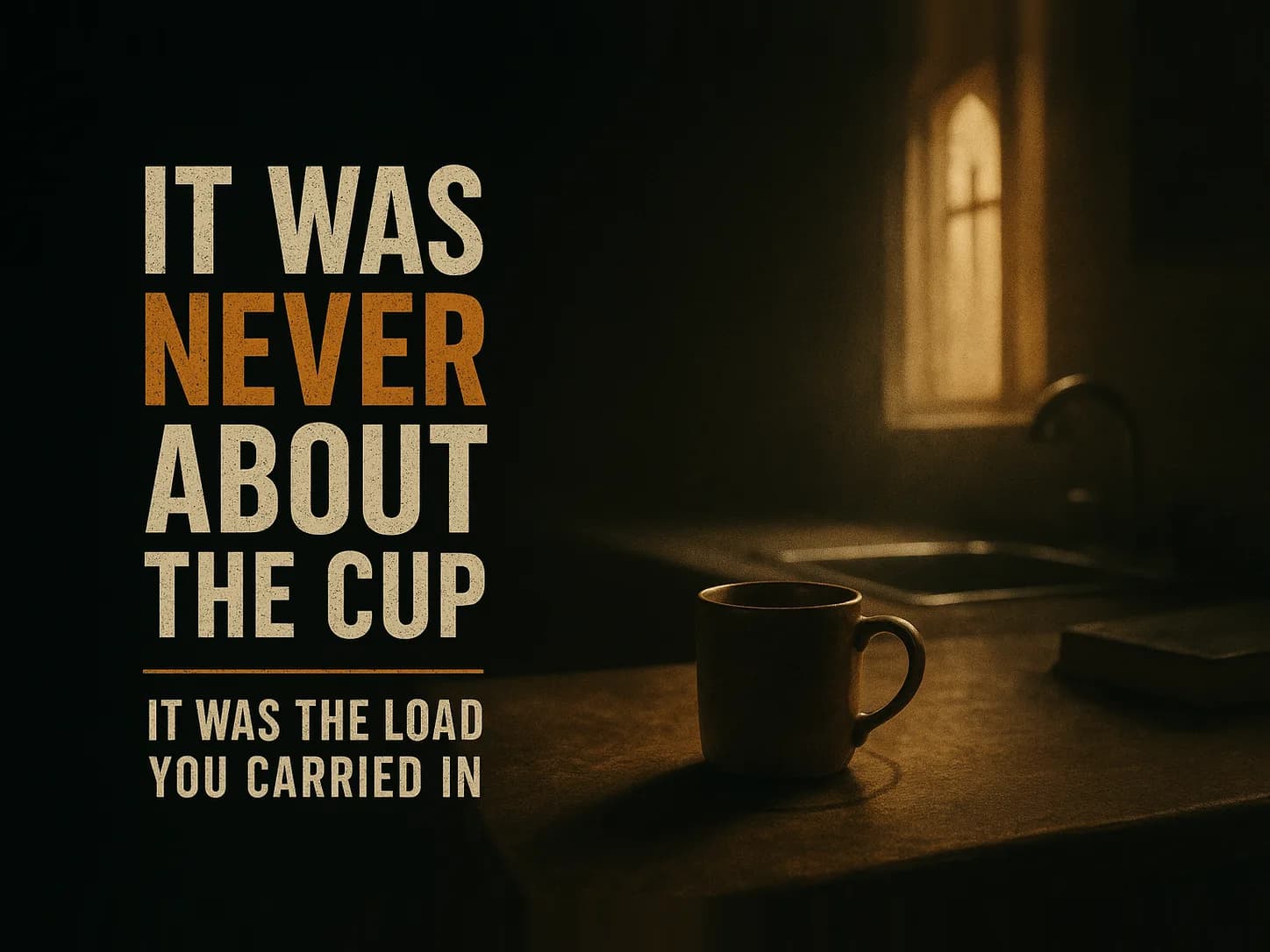 A single coffee cup sits alone on a kitchen counter with a dried ring on the wood beneath it, the rest of the room dark and still. The words read It Was Never About the Cup, it was the load you carried in.