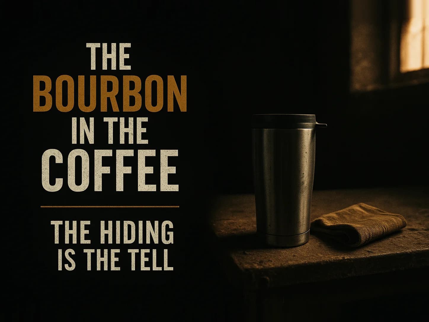 A plain steel travel mug sits on a cold garage shelf in early morning light with a folded shop rag beside it, deep shadow behind. The words read The Bourbon in the Coffee, the hiding is the tell.