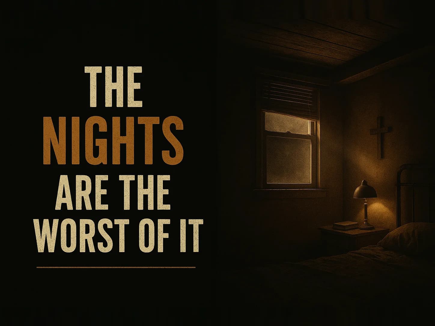 A dark bedroom in the middle of the night with a single bar of streetlight falling through a gap in the blinds, the rest of the room black. The words read The Nights Are the Worst of It.
