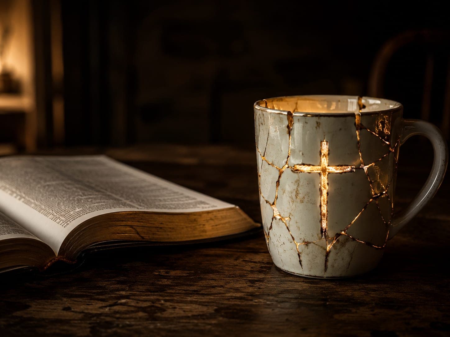 A cracked white mug mended with gold along every break, a glowing gold cross across its face, sitting beside an open Bible on a dark wooden table in low warm light.