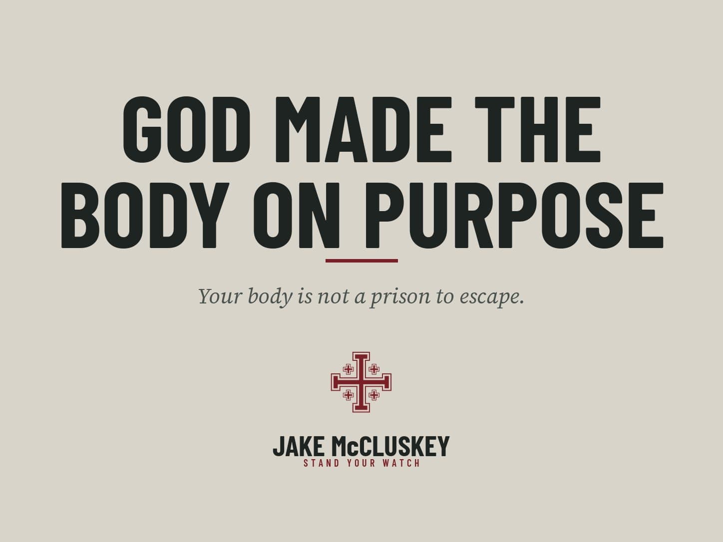 Brand card, oxblood Jerusalem Cross on paper: God Made the Body on Purpose