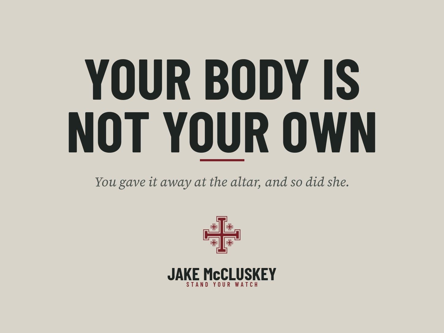 Brand card, oxblood Jerusalem Cross on paper: Your Body Is Not Your Own
