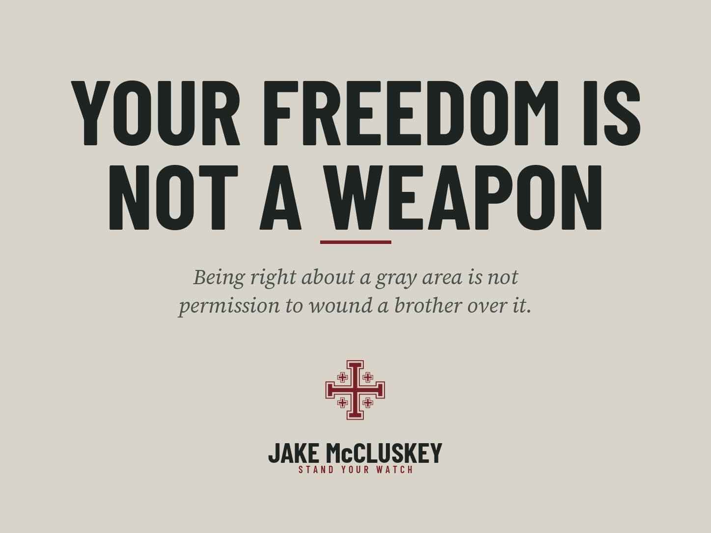 Brand card, oxblood Jerusalem Cross on paper: Your Freedom Is Not a Weapon